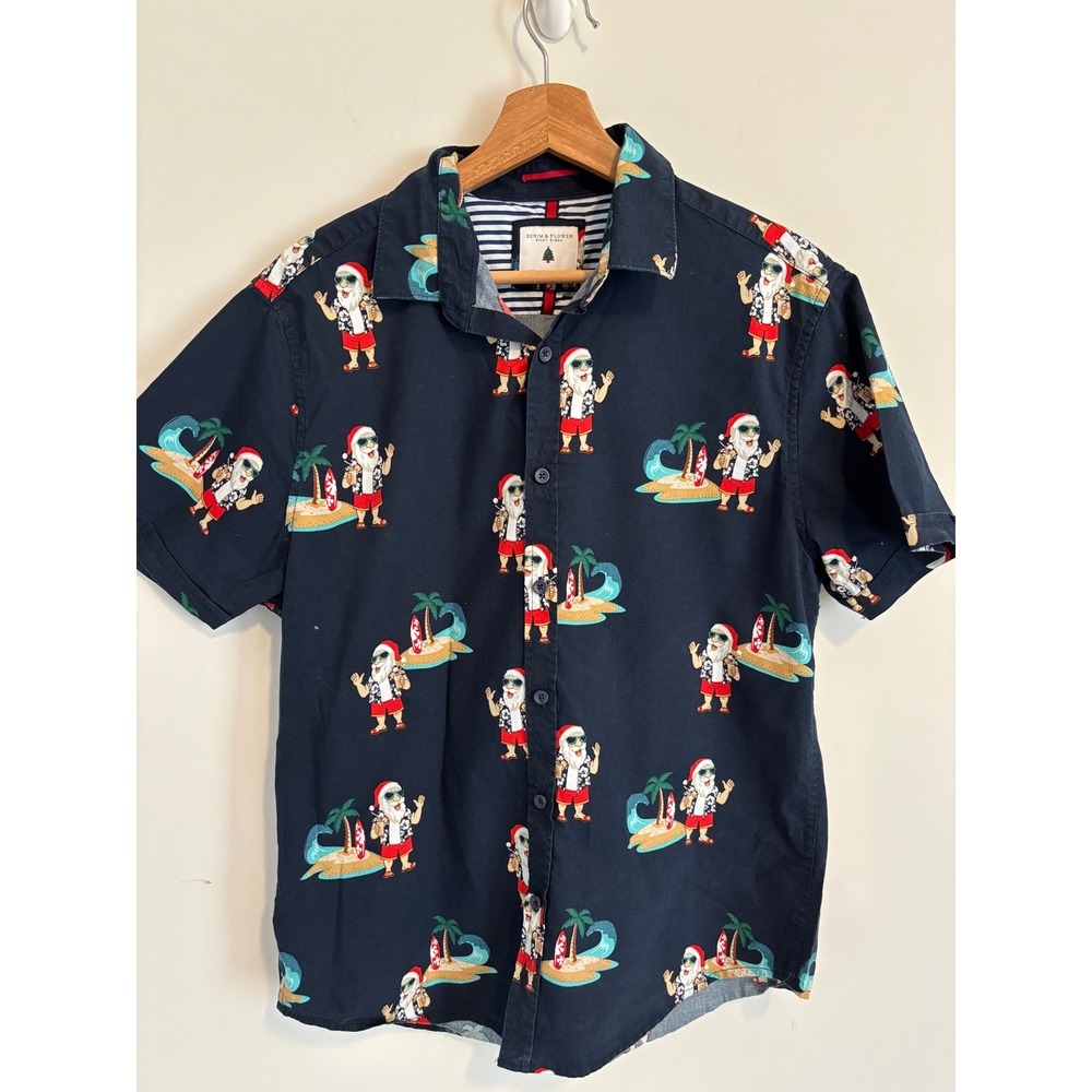 Denim & Flower Ricky Singh Mens Large Navy Surfing Santa Christmas Holiday Shirt